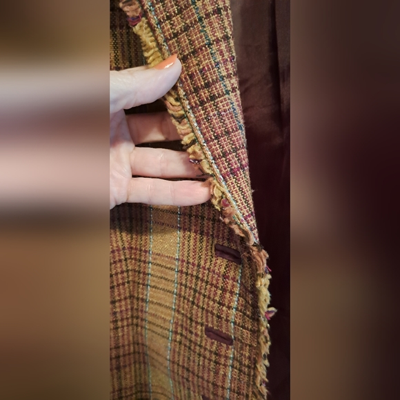 Ladies Coldwater Creek 14 Browns Neutral Plaid Woven Long Sleeve Blazer Fringed - Picture 5 of 8